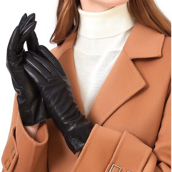 Women Black Leather Gloves Deluxe Sheep Skin Fleece Lined Cashmere Lining design - Picture 1 of 8